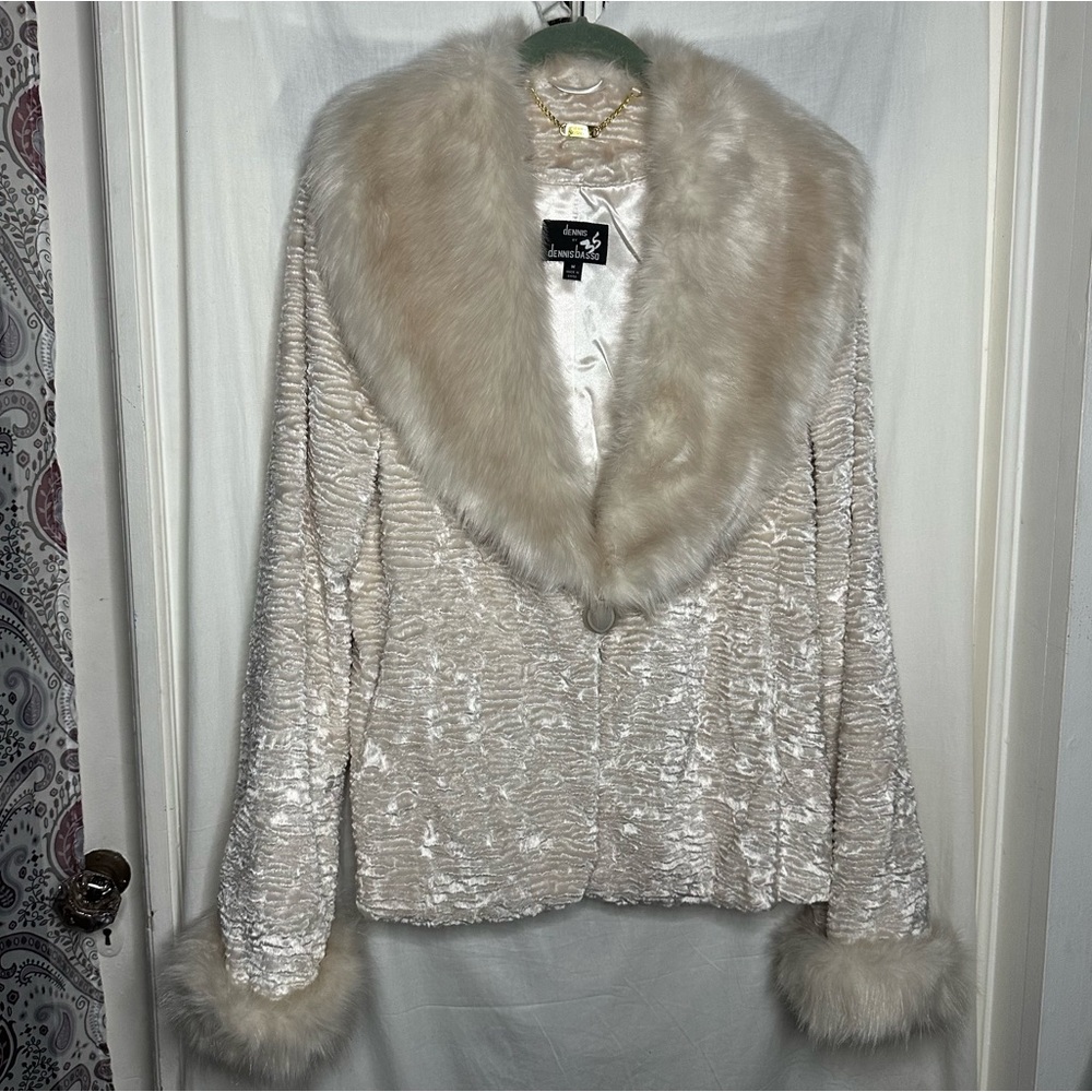 NWOT Dennis Basso Soft Faux Fur & Velvet Ivory Coat | Medium - Picture 1 of 14